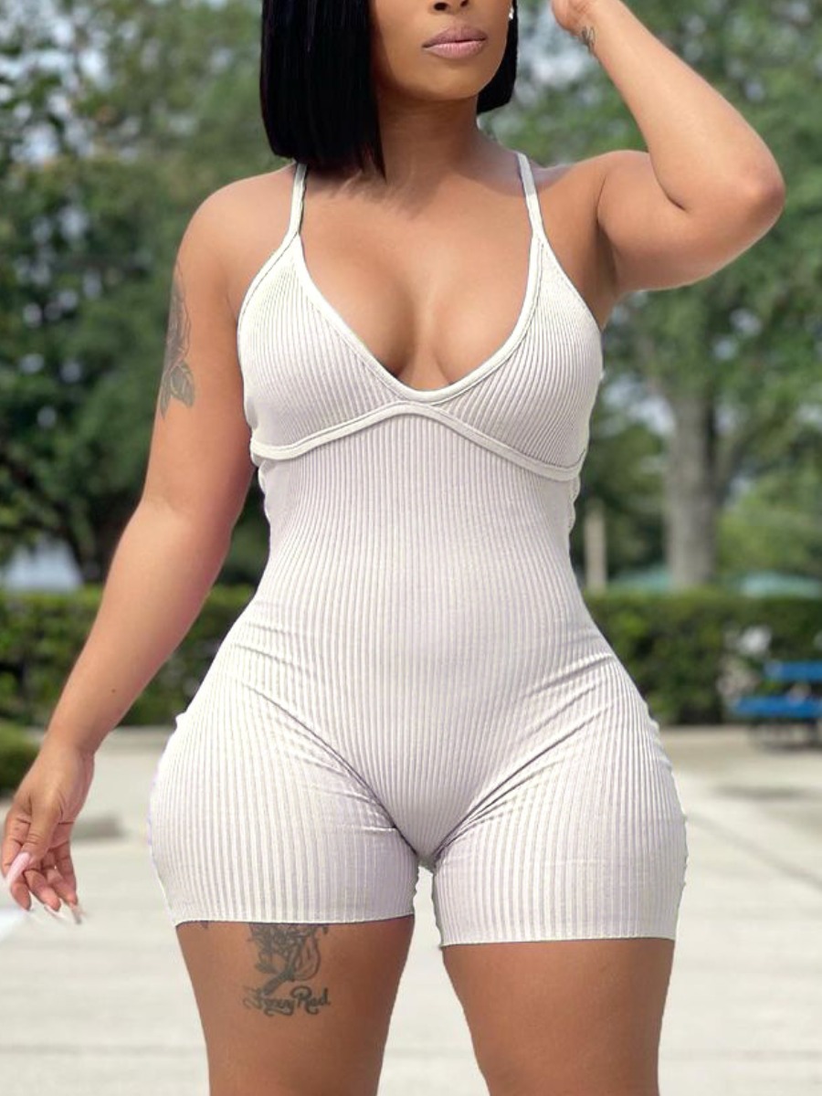

Lovely Casual Backless Rib-Knit White One-piece Romper