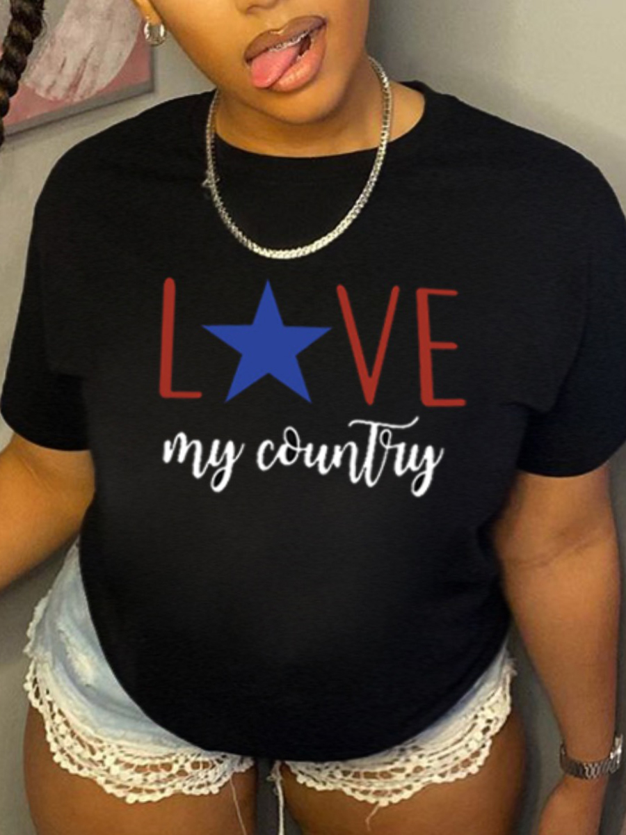 

Lovely Plus Size Casual Star Letter Print Black T-shirt