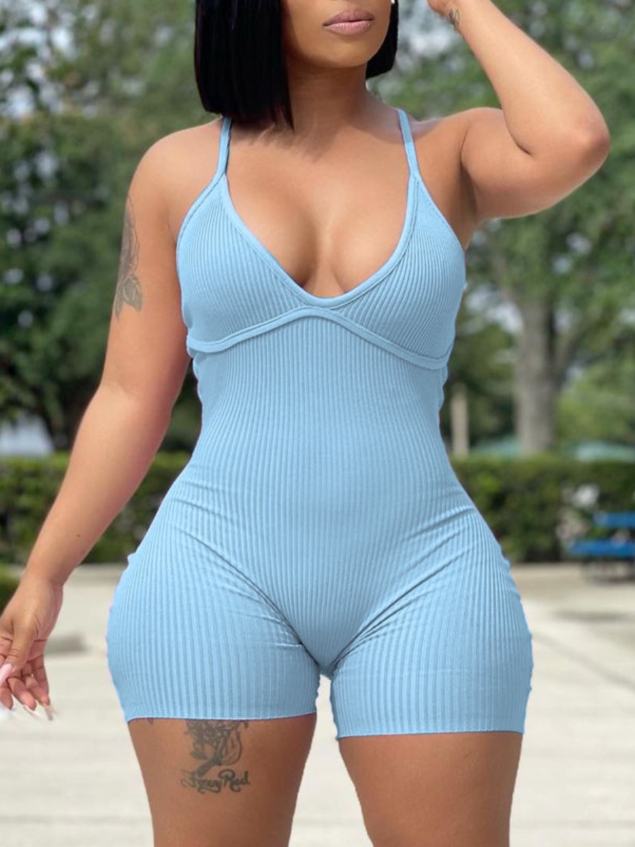 

LW BASICS Casual Backless Rib-Knit Blue One-piece Romper