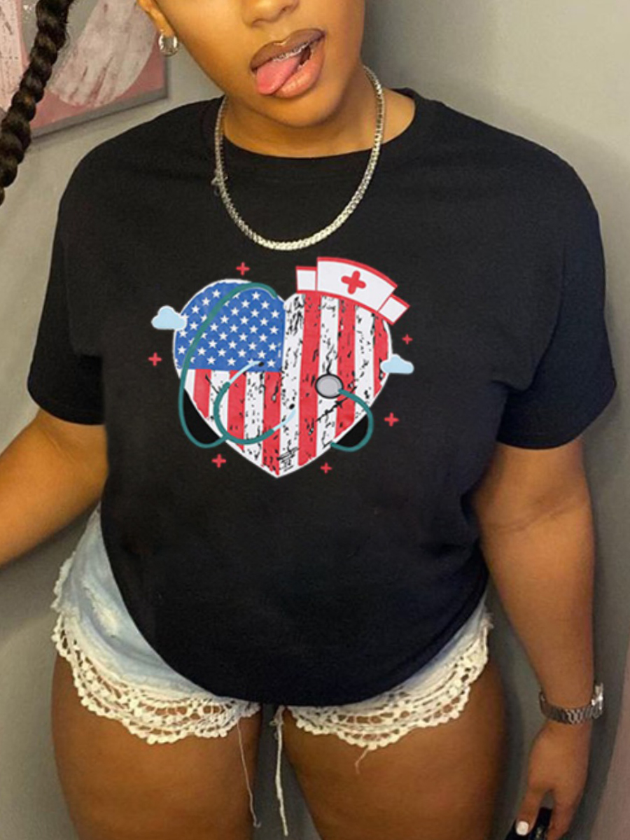 

Lovely Plus Size Casual Heart-shaped American Flag Print Black T-shirt