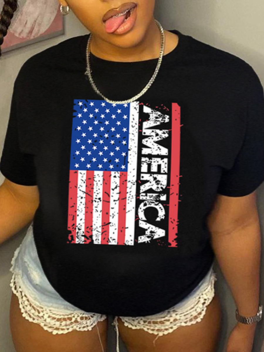 

Lovely Plus Size Casual American Flag Letter Print Black T-shirt