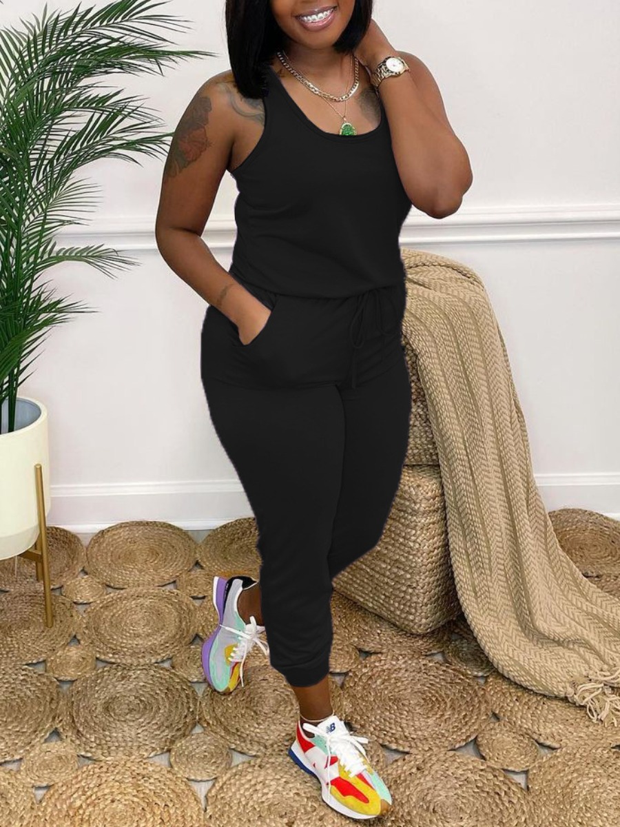LW Casual U Neck Drawstring Black One-piece Jumpsuit