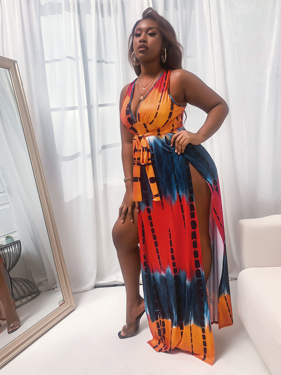 

Lovely Plus Size Boho Tie-dye Split Red Floor Length A Line Dress