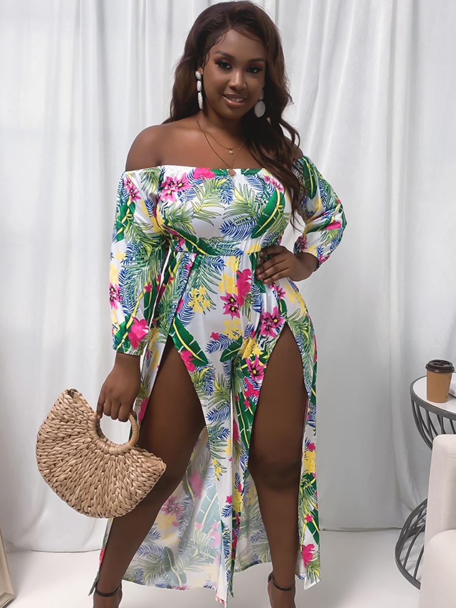 

Lovely Plus Size Boho Off The Shoulder Floral Print Split Multicolor One-piece Jumpsuit, Multi