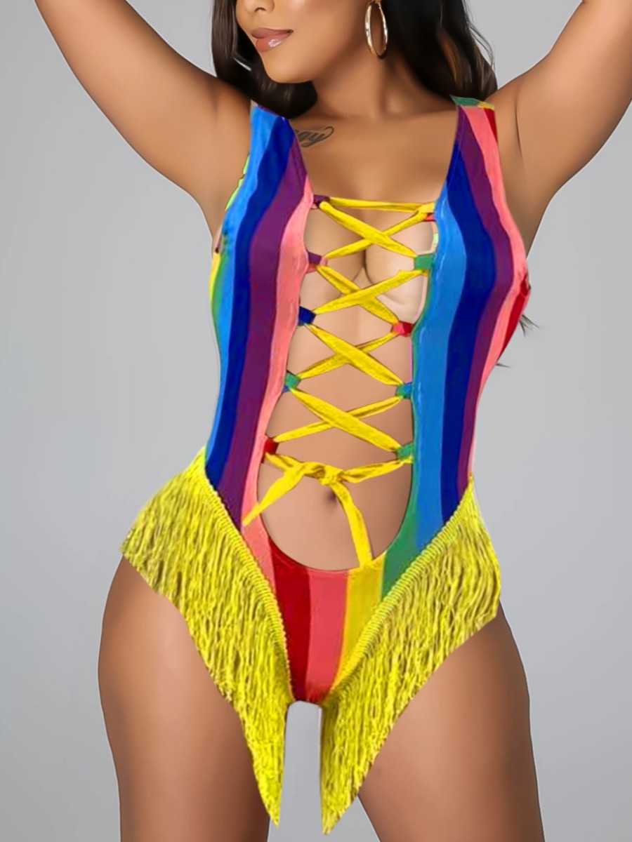 

Lovely Boho Striped Bandage Tassel Design Multicolor One-piece Swimsuit, Multi