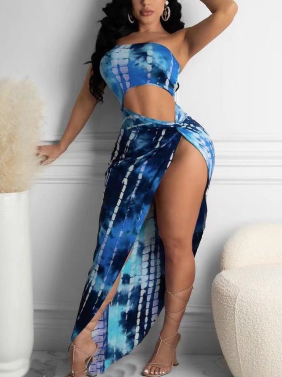 

Lovely Sexy Tie-dye Hollow-out Split Blue Ankle Length Dress