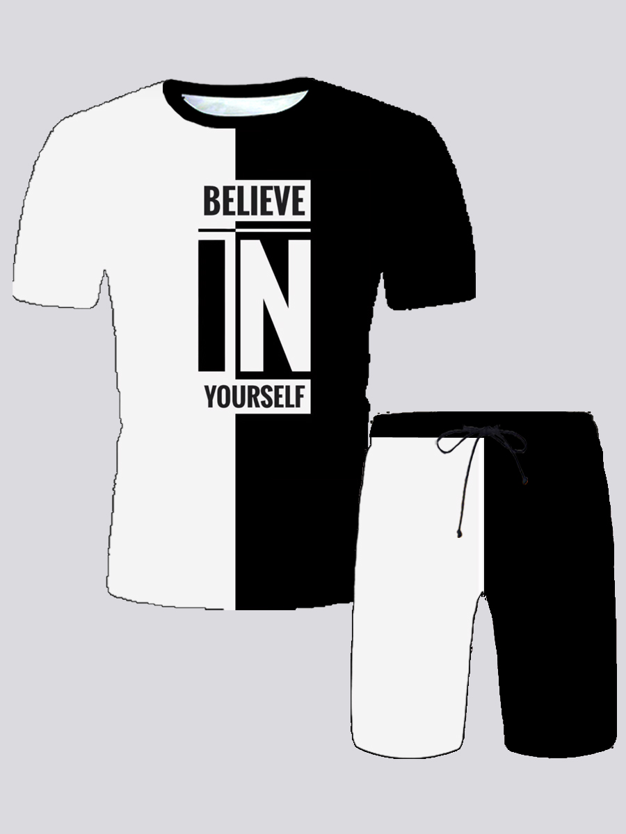 

Lovely Men Street Letter Print Drawstring Black Two Piece Shorts Set