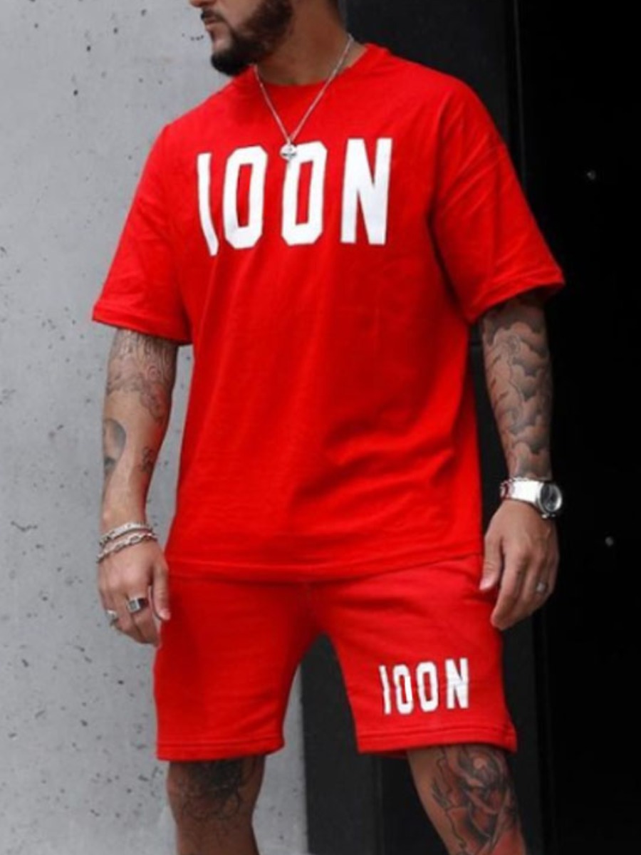 

Lovely Men Casual Round Neck Letter Print Red Two Piece Shorts Set