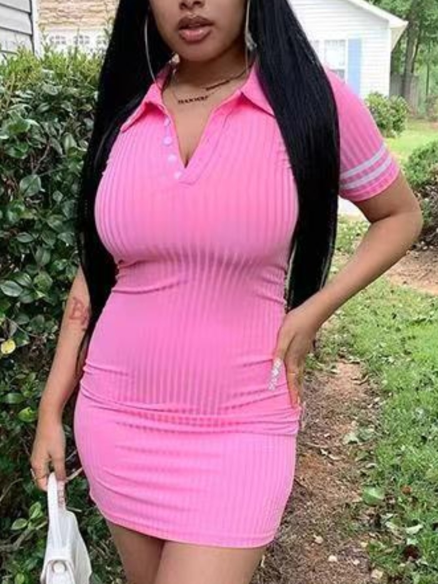 

LW Casual Striped Rib-Knit Pink Mini Dress