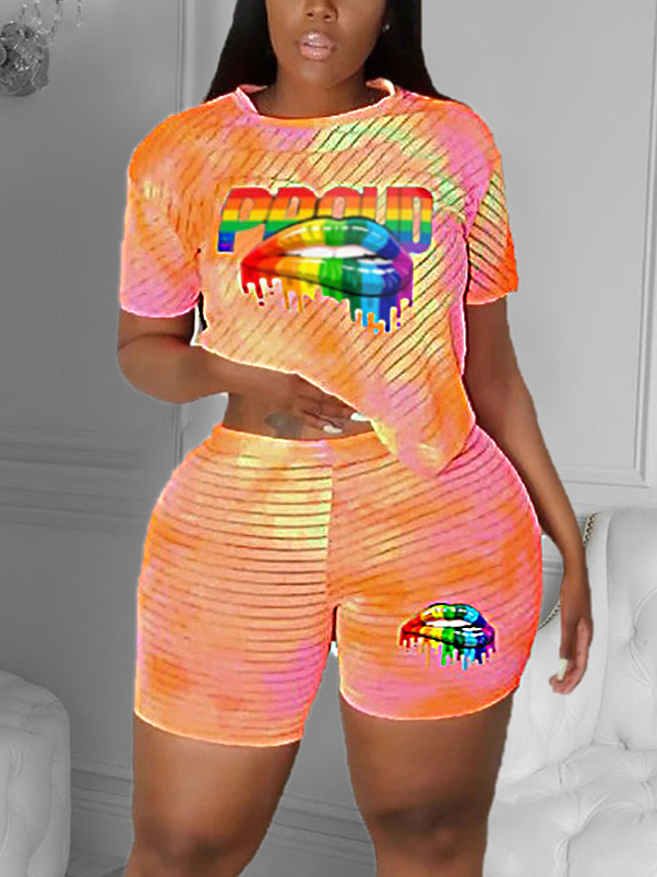 

Lovely Plus Size Sporty Tie-dye Lip Print Orange Two-piece Shorts Set
