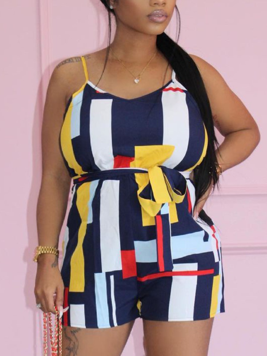 

Lovely Street Geometric Print Bandage Design Blue One-piece Romper