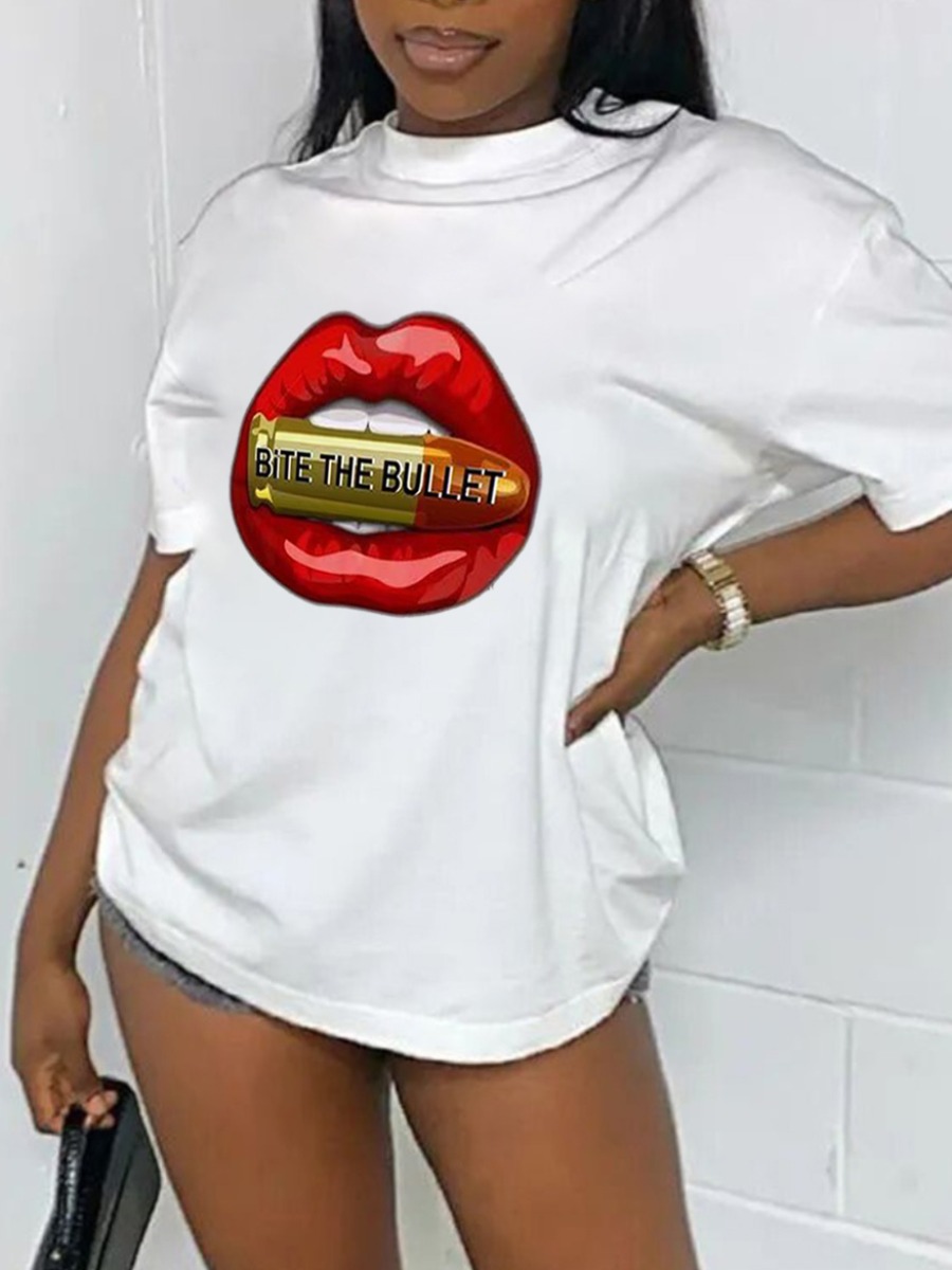 

Lovely Casual Round Neck Lip Print White T-shirt