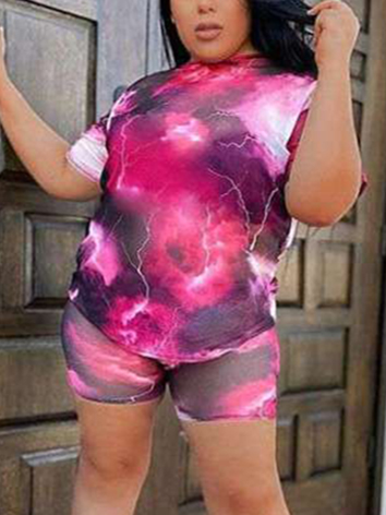 

LW Plus Size Stree See-through Sky Print Red Two-piece Shorts Set