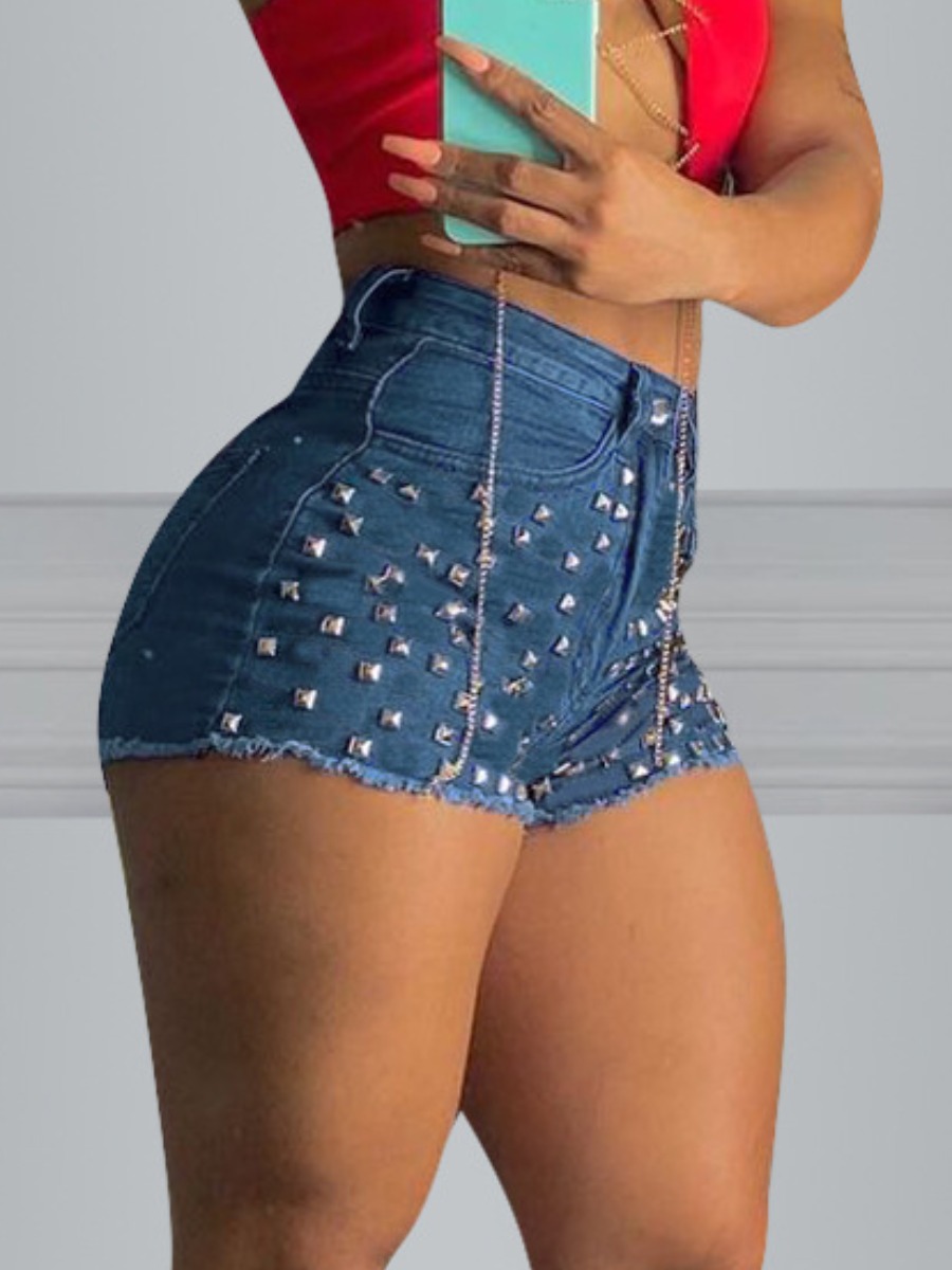 

Lovely Casual Rivet Decoration Raw Edge Blue Denim Shorts