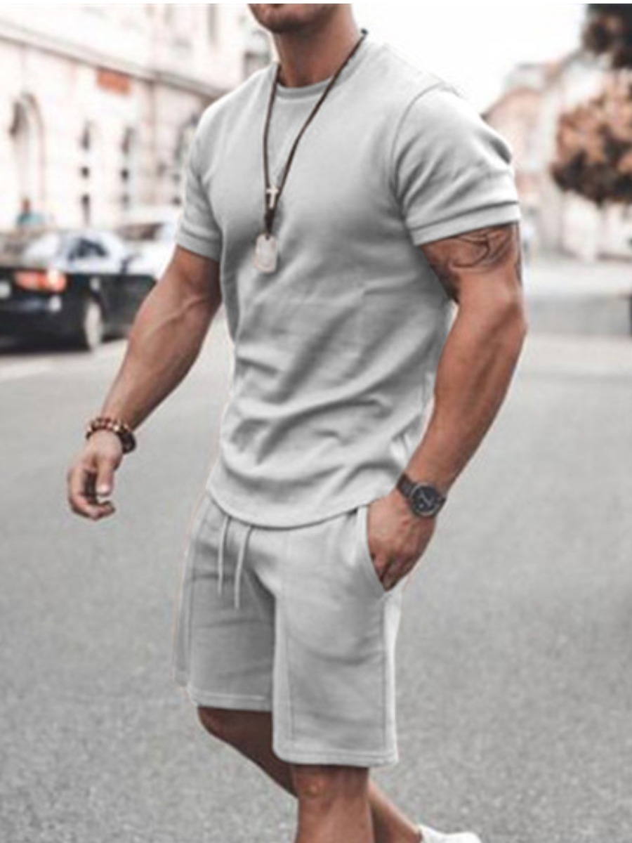 

LW Men Casual Patchwork Drawstring Dark Grey Two Piece Shorts Set