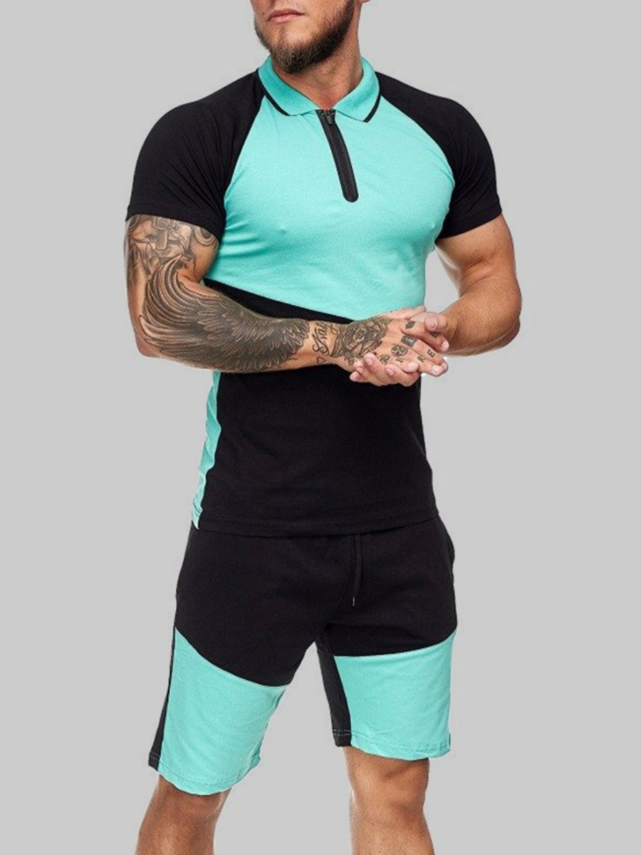 

Lovely Men Casual Turndown Collar Patchwork Green Two Piece Shorts Set