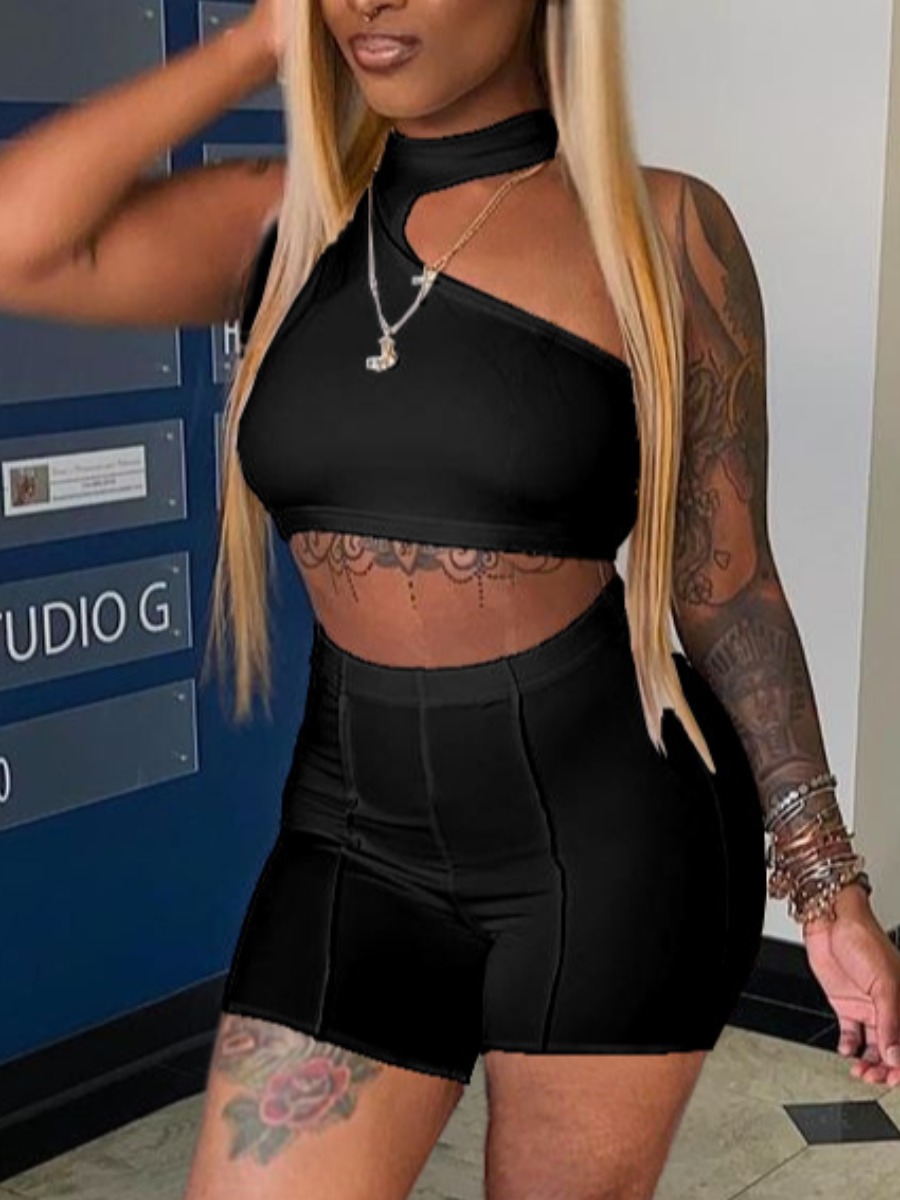 

Lovely Casual Hollow-out Skonny Black Two Piece Shorts Set