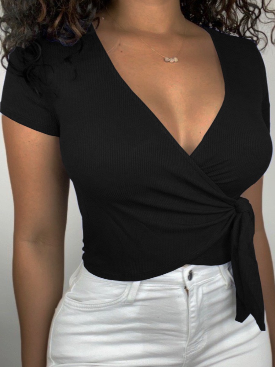 

Lovely Casual Cross-over Bandage Design Black T-shirt