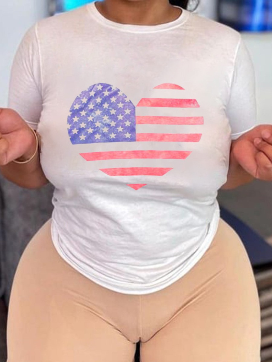 

LW Casual Independence Day Heart-shaped Print White T-shirt