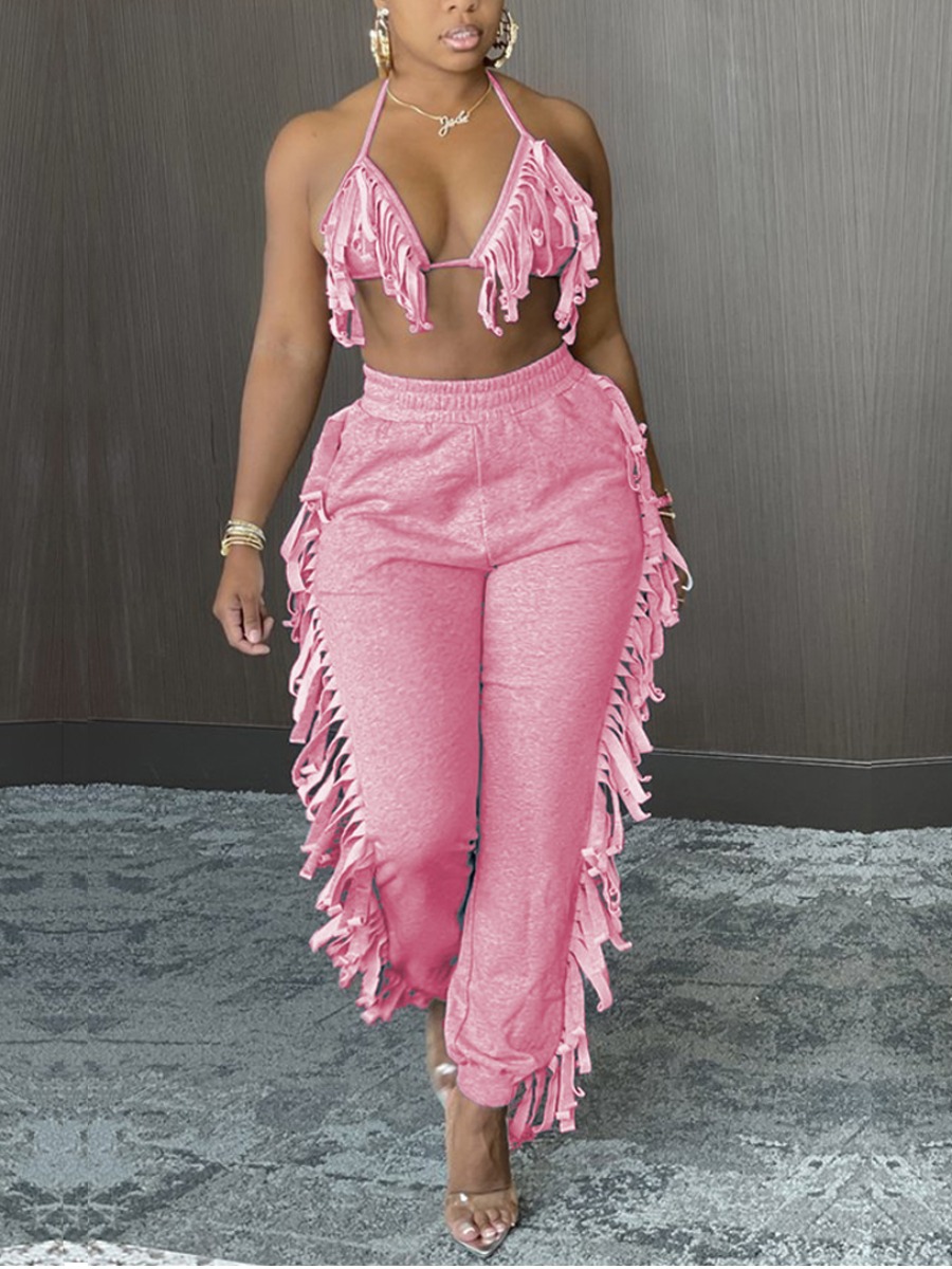 

Lovely Sexy Bandage Tassel Design Pink Two Piece Pants Set