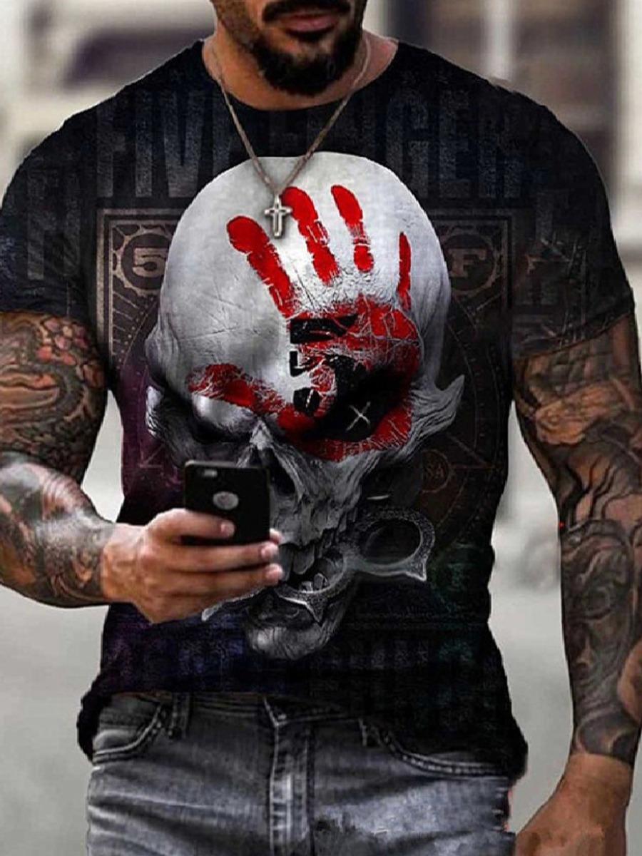 

LW Men Polyester Graffiti Element Skull Head Regular T-shirt, Black
