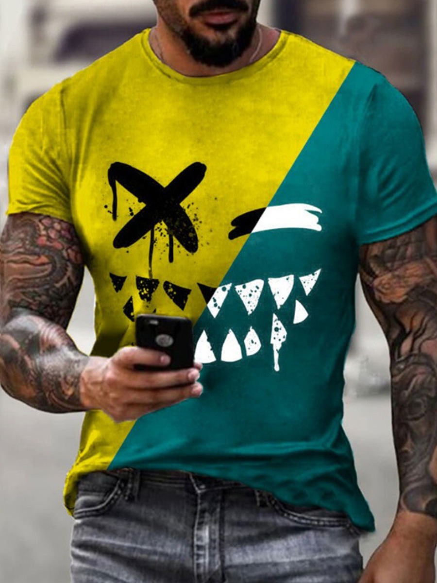 

Lovely Men Street Color-lump Patchwork Yellow T-shirt
