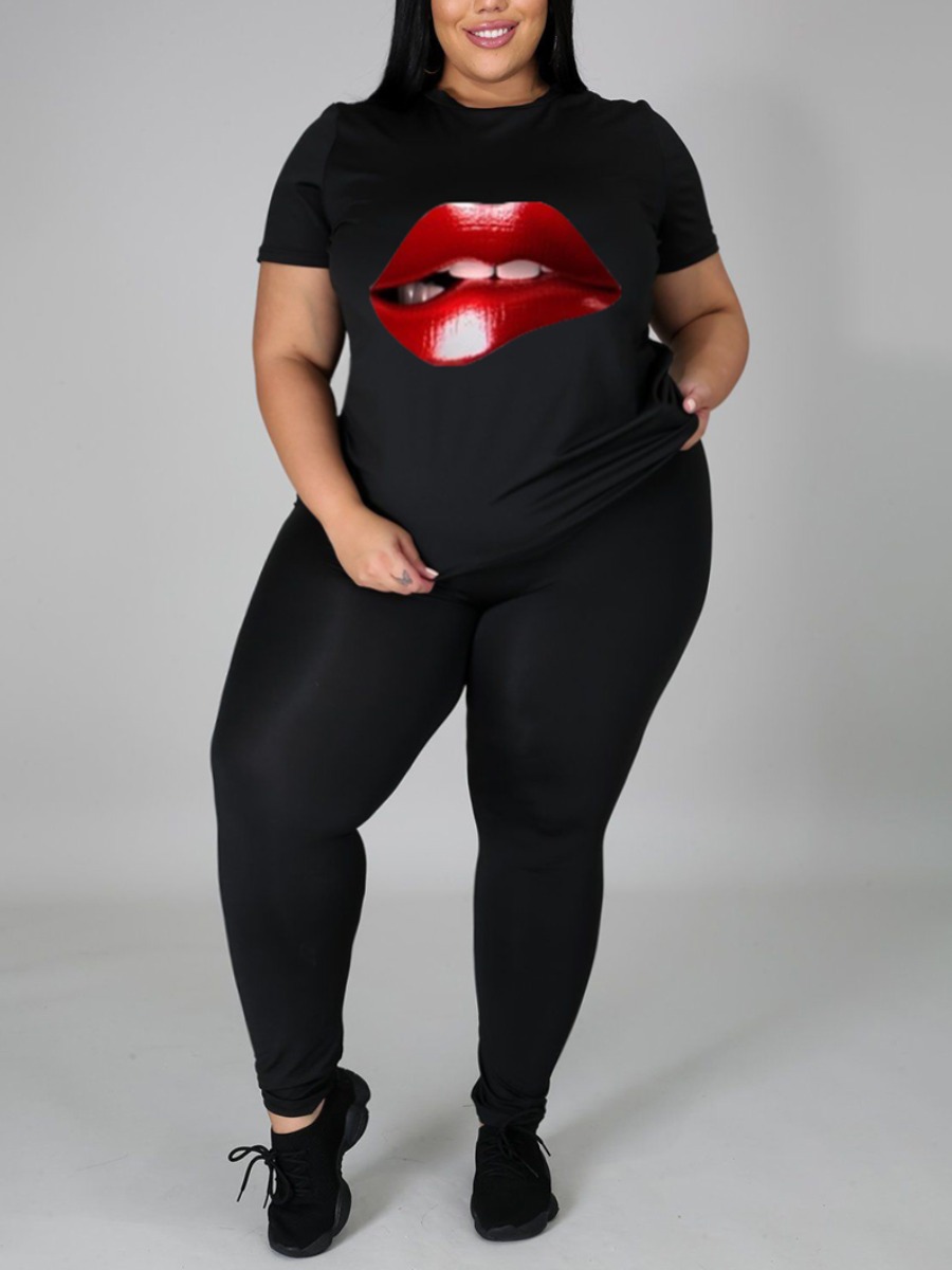 

Lovely Plus Size Casual Round Neck Lip Print Black Two-piece Pants Set