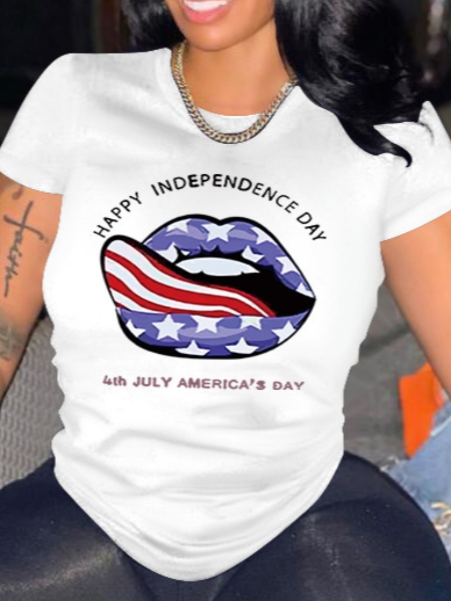 

Lovely Casual Lip Print Independence Day White T-shirt