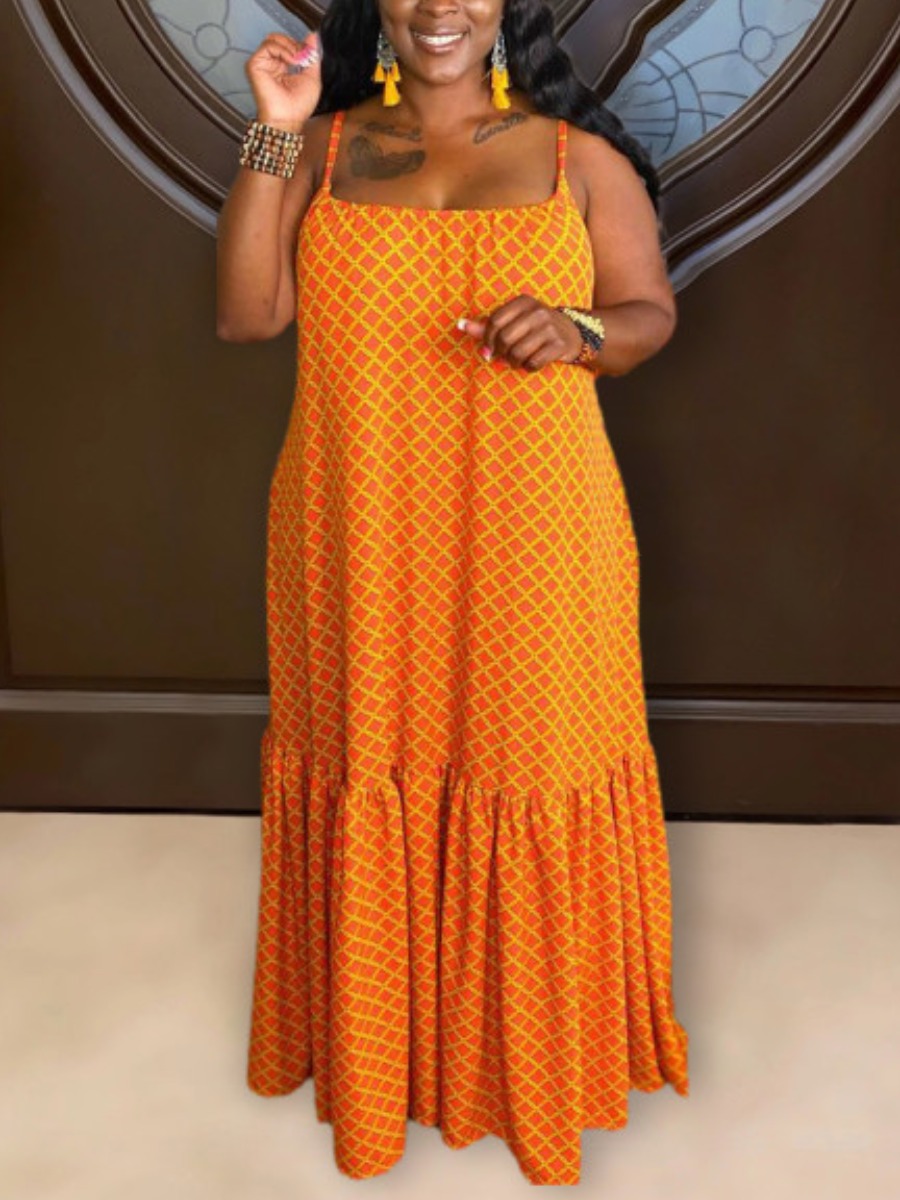

Lovely Plus Size Boho Geometric Print Flounce Design Orange Yellow Floor Length Dress
