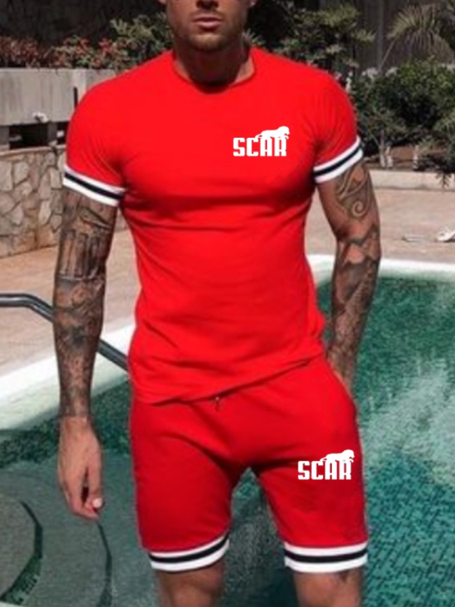 

Lovely Men Sporty Letter Print Striped Red Two Piece Shorts Set