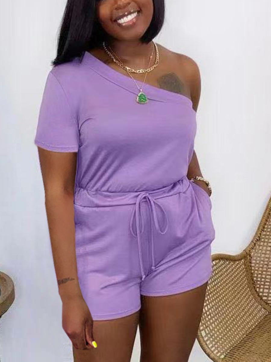 

Lovely Casual One Shoulder Drawstring Purple One-piece Romper