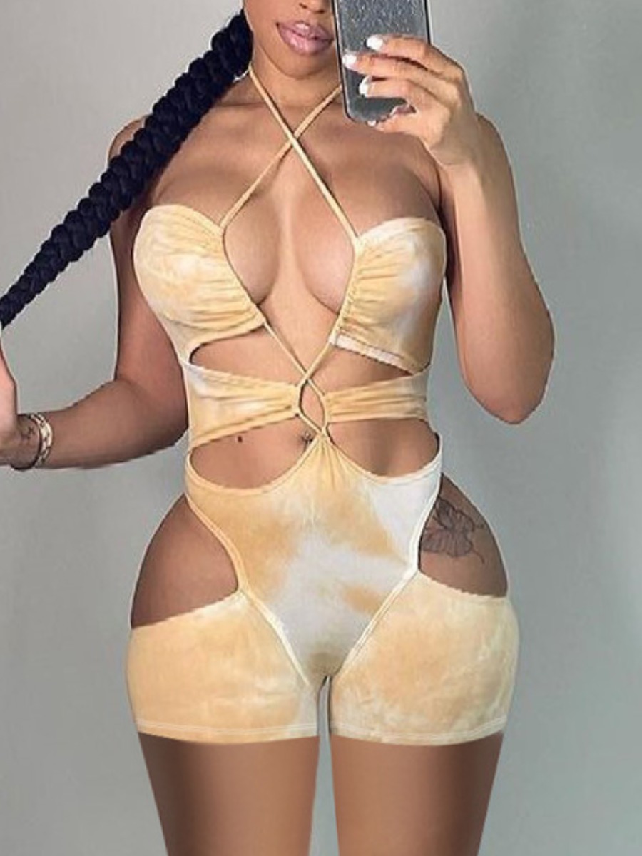 

LW SXY Tie-dye Bandage Hollow-out Design Yellow One-piece Romper