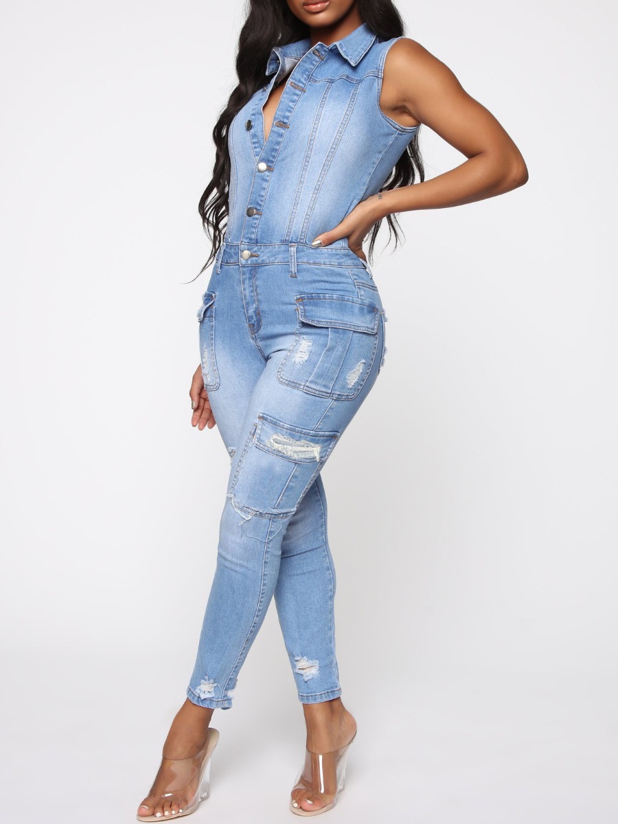 

LW Casual Ripped Pocket Design Baby Blue One-piece Denim Jumpsuit