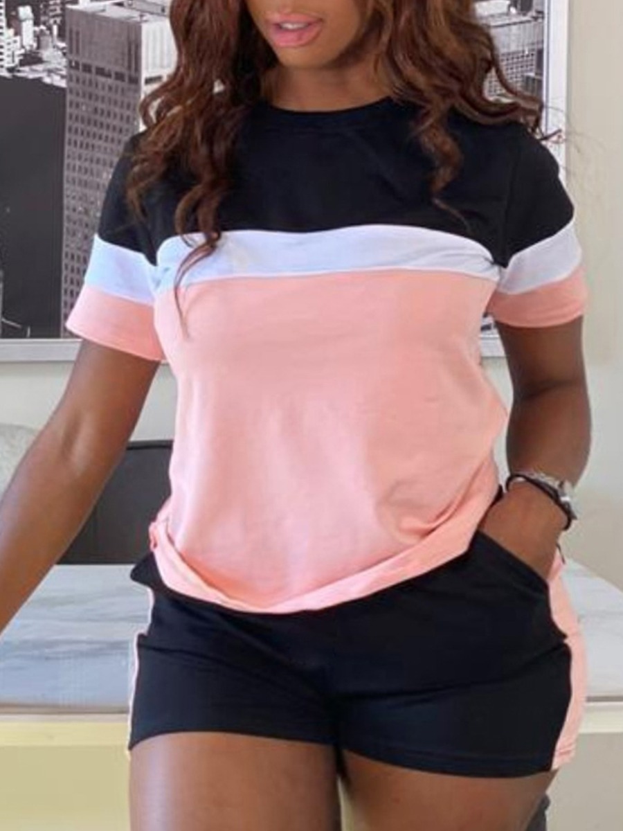 

Lovely Plus Size Street Round Neck Color-lump Pink Two-piece Shorts Set