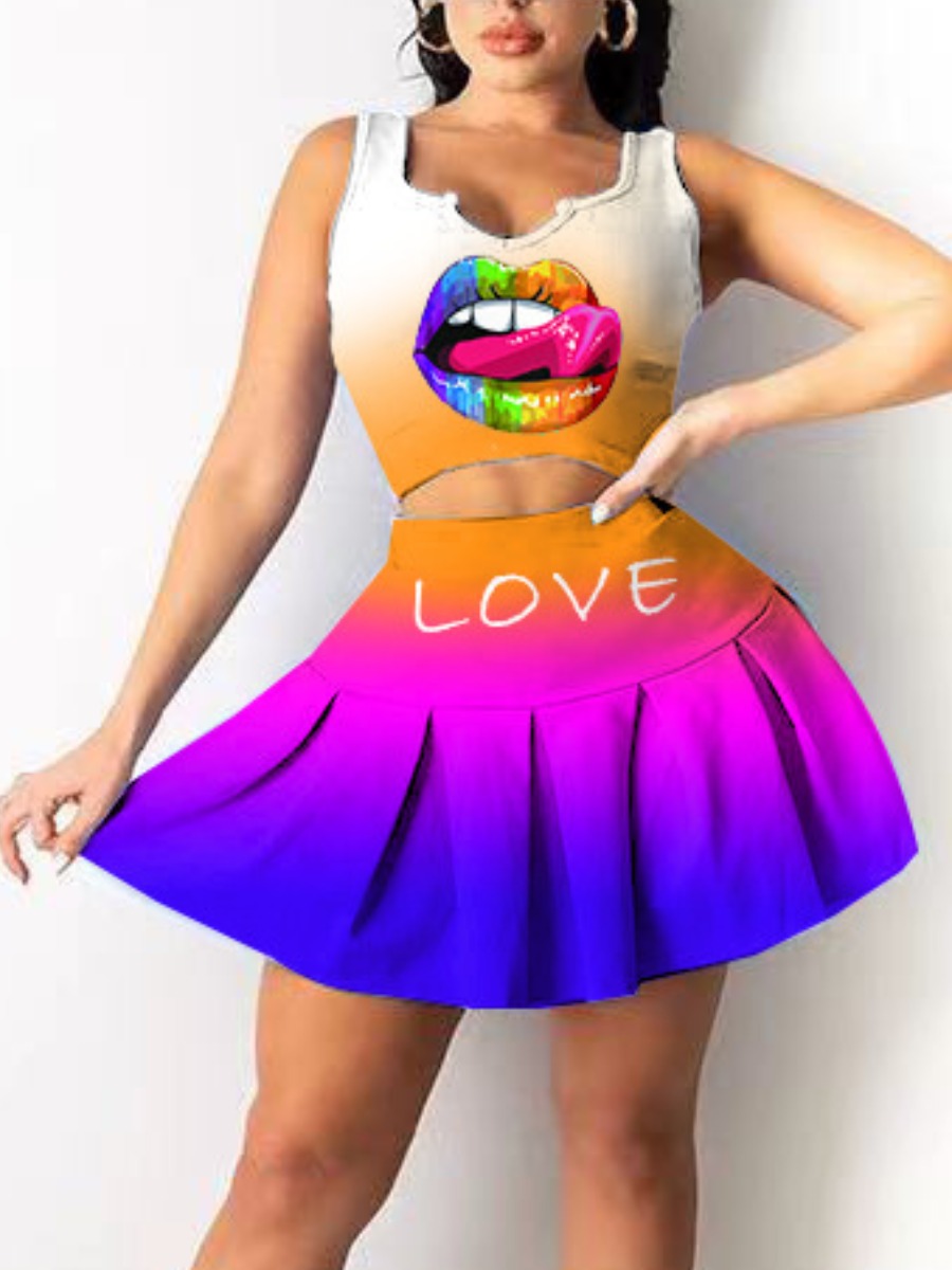 

Lovely Street Gradient Lip Print Flounce Design Croci Two Piece Skirt Set