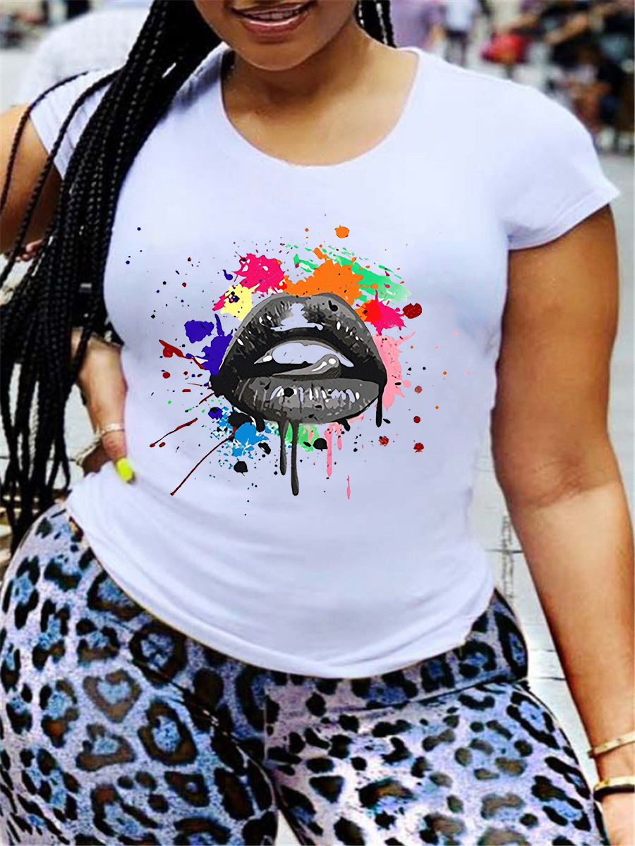 

Lovely Casual Lip Print Splash-ink Design Pure White T-shirt