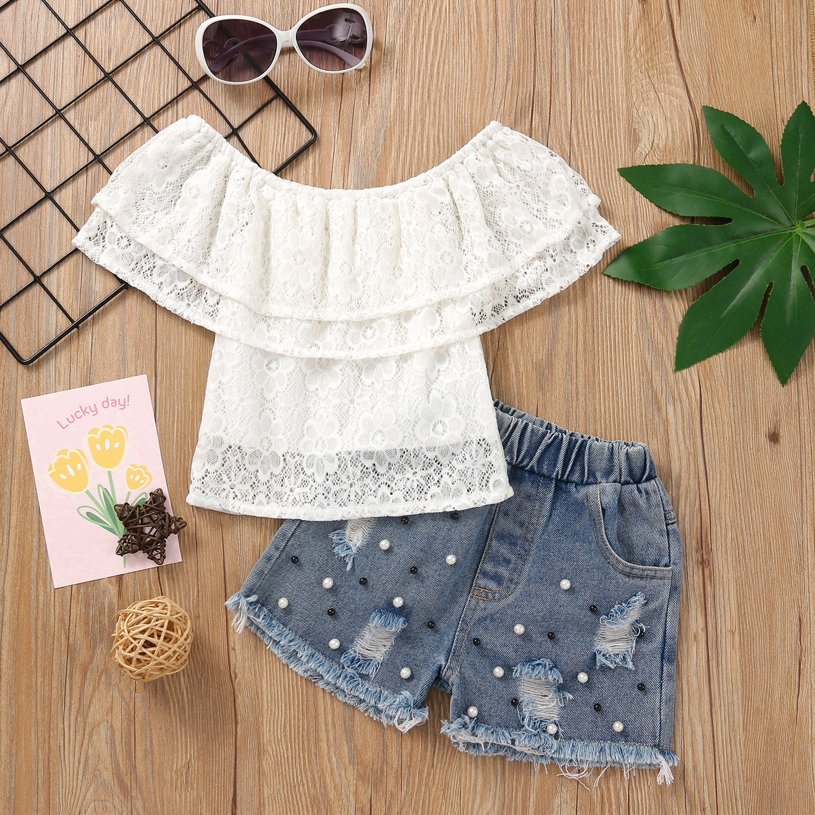 

Lovely Girl Casual Mesh Fold-over Ripped White Two Piece Shorts Set