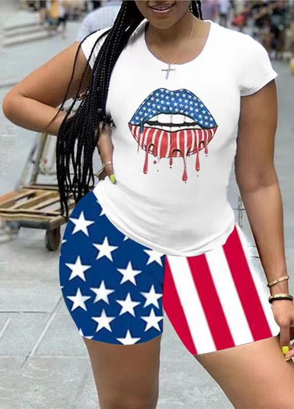 

LW Plus Size Street American Flag Lip Print White Two-piece Shorts Set