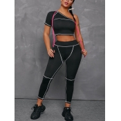 LW Sporty One Shoulder Striped Black Yoga Two Piec