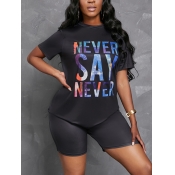 LW Casual Letter Print Black Two-piece Shorts Set