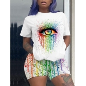 LW Leisure O Neck Eye Print White Two-piece Shorts