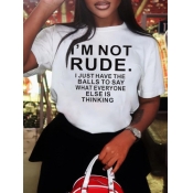 LW Plus Size Casual O Neck Letter Print White T-sh