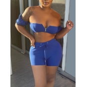 LW SXY Off The Shoulder Drawstring Blue Two Piece 