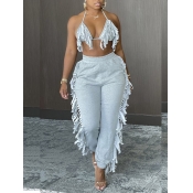 LW SXY Bandage Tassel Design Grey Two Piece Pants 