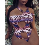 Lovely BohoCamo Print Hollow-out Purple One-piece 