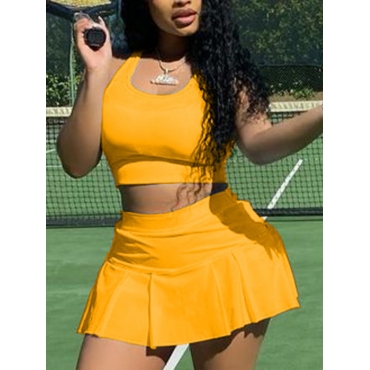 

LW Sporty U Neck Flounce Design Yellow Two Piece Skirt Set