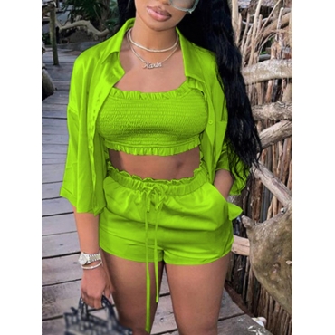 

Lovely Street Turndown Collar Drawstring Green Three Piece Shorts Set