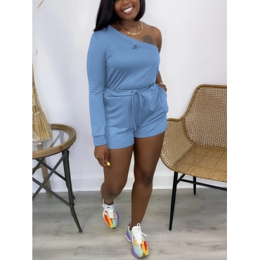 

Lovely Casual One Shoulder Drawstring Blue One-piece Romper