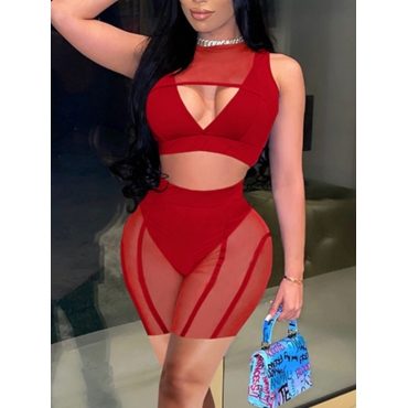 

Lovely Sexy See-through Hollow-out Red Two Piece Shorts Set