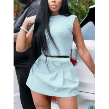 

LW Round Neck Pleated Two Piece Skirt Set, Baby blue